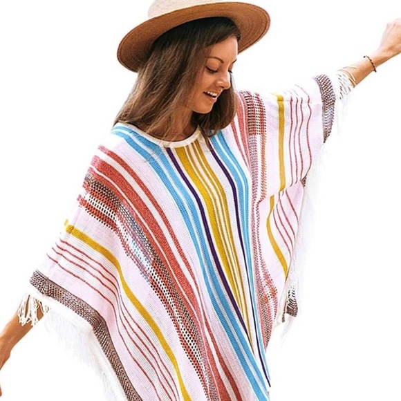 CUPSHE Women's Vneck Colorful Stripe Tassels Swimsuit Cover Up - NWT - OS - Picture 2 of 5